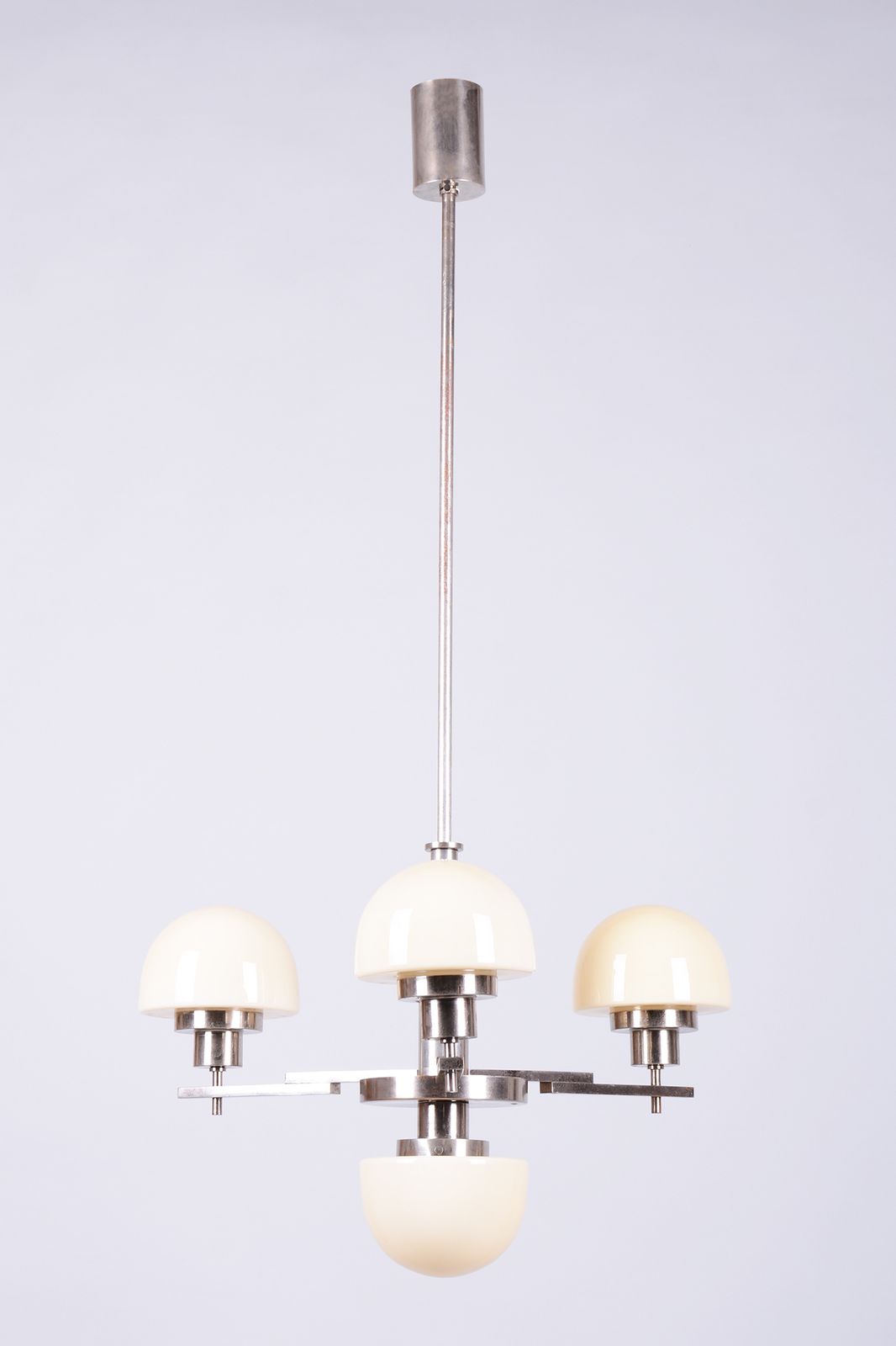 Restored Art Deco Chandelier, Chrome Plated Steel, Opaline Glass, Czech, 1930s
