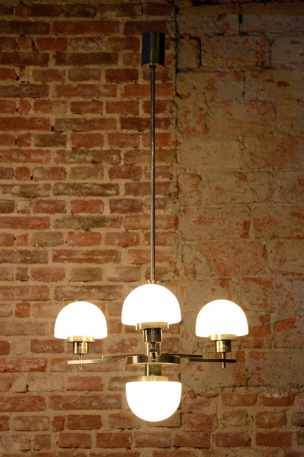 Restored Art Deco Chandelier, Chrome Plated Steel, Opaline Glass, Czech, 1930s photo vintage