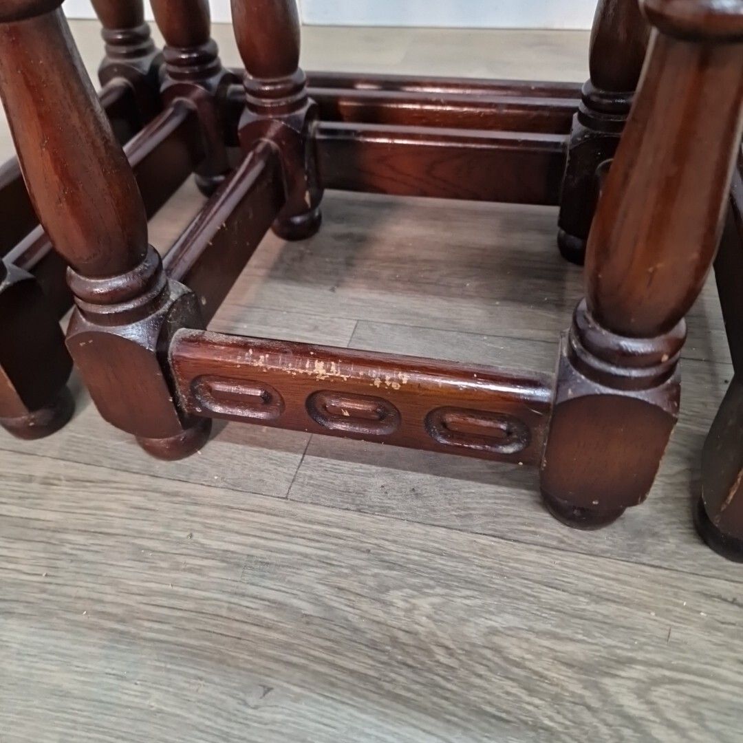 photo furniture Vintage Nest Of Tables 3 Solid Oak Wooden Coffee Side Lamp Turned Wood Retro