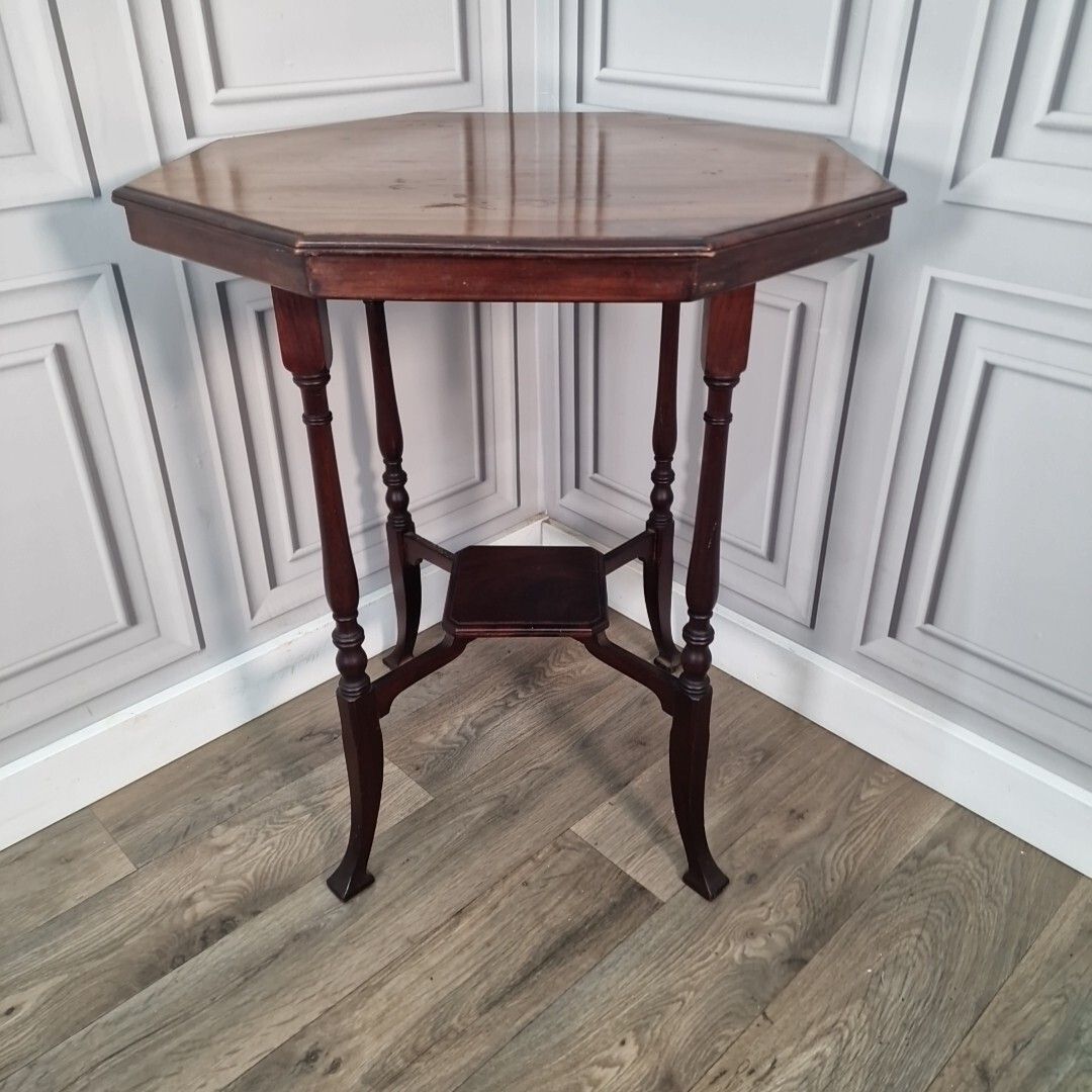 Antique Side Table Wooden Arts & Crafts Octagonal 2 Tier Hardwood Window Wine photo furniture