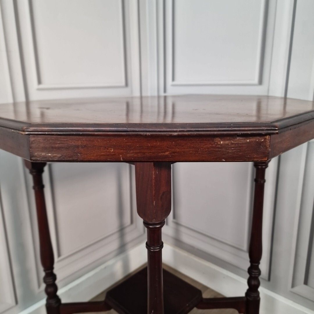 Furniture Antique Side Table Wooden Arts & Crafts Octagonal 2 Tier Hardwood Window Wine photo
