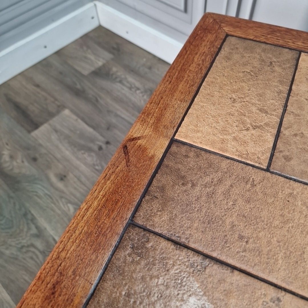 photo for sale Retro Pair Side Tables 2 Small Mid Century Teak Tiled Wooden Coffee Bedside