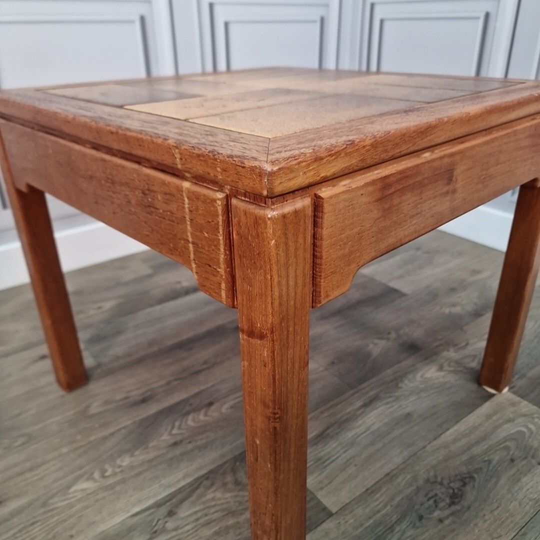 photo buy Retro Pair Side Tables 2 Small Mid Century Teak Tiled Wooden Coffee Bedside