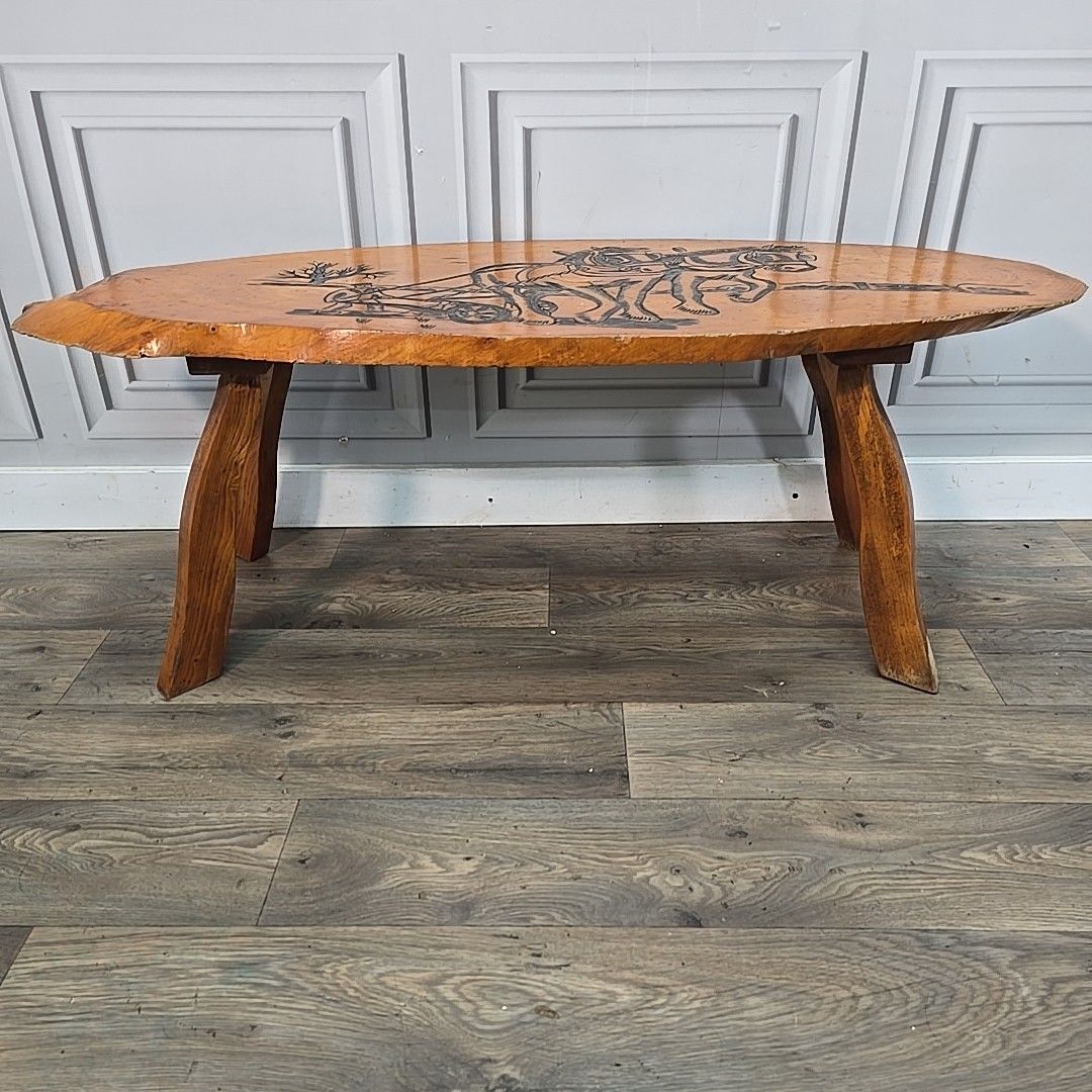 Vintage Rustic Coffee Table Carved Hardwood Slab Top Folk Art Horse Scene Iroko? photo Furniture