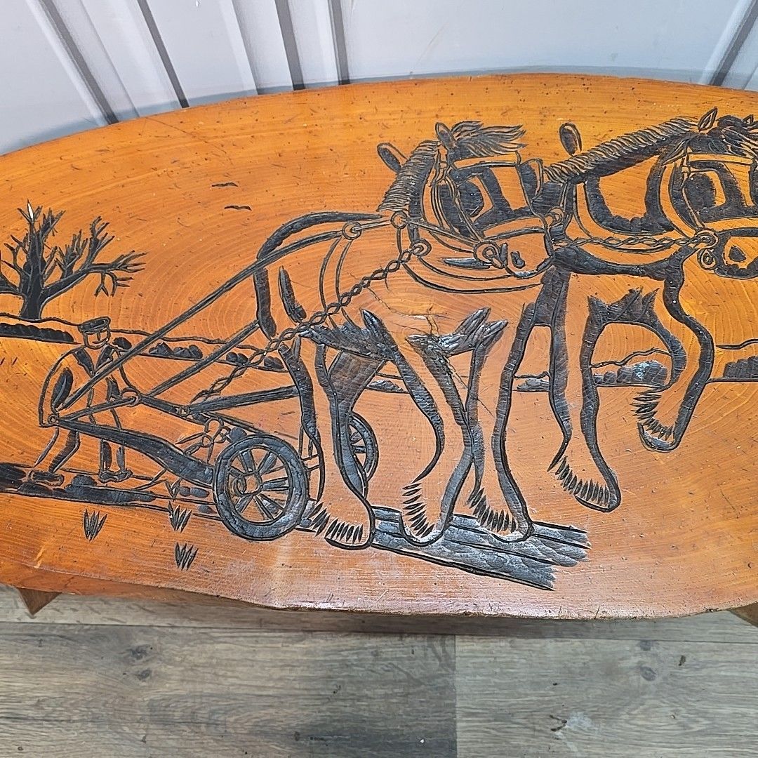 Vintage Rustic Coffee Table Carved Hardwood Slab Top Folk Art Horse Scene Iroko? photo vintage