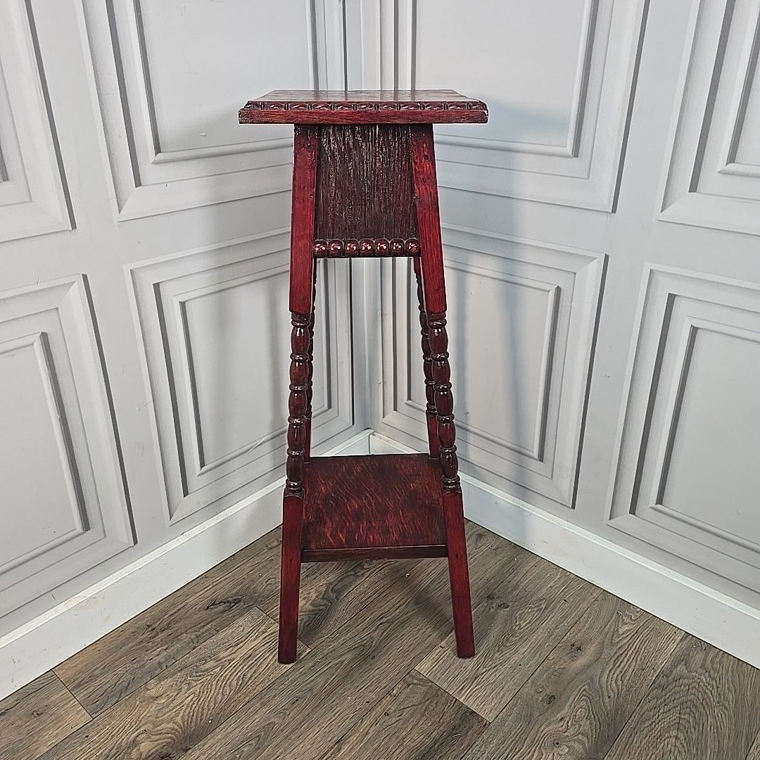 Antique Plant Stand Lamp Table – Turned Oak Legs & Bobbin Trim Mahogany Finish photo furniture