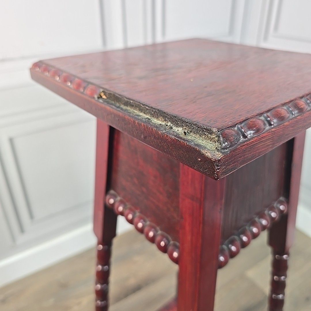 photo furniture Antique Plant Stand Lamp Table – Turned Oak Legs & Bobbin Trim Mahogany Finish