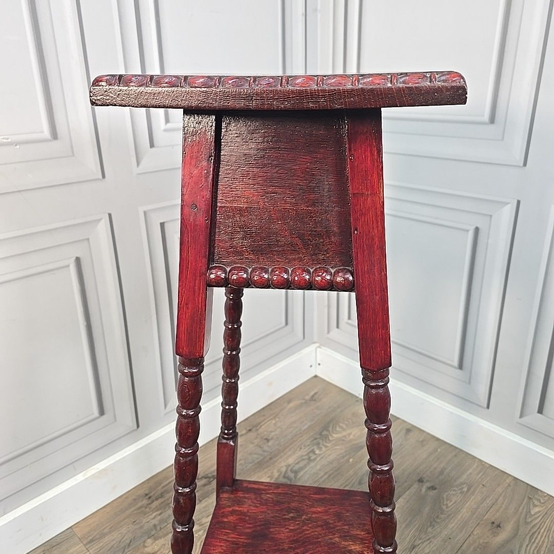 photo vinterior Antique Plant Stand Lamp Table – Turned Oak Legs & Bobbin Trim Mahogany Finish