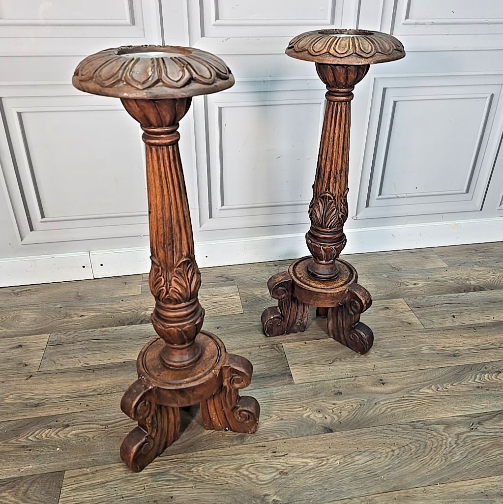 Antique Pair Plant Stands Gothic Revival Carved Walnut Tripod Torchères Candle photo furniture