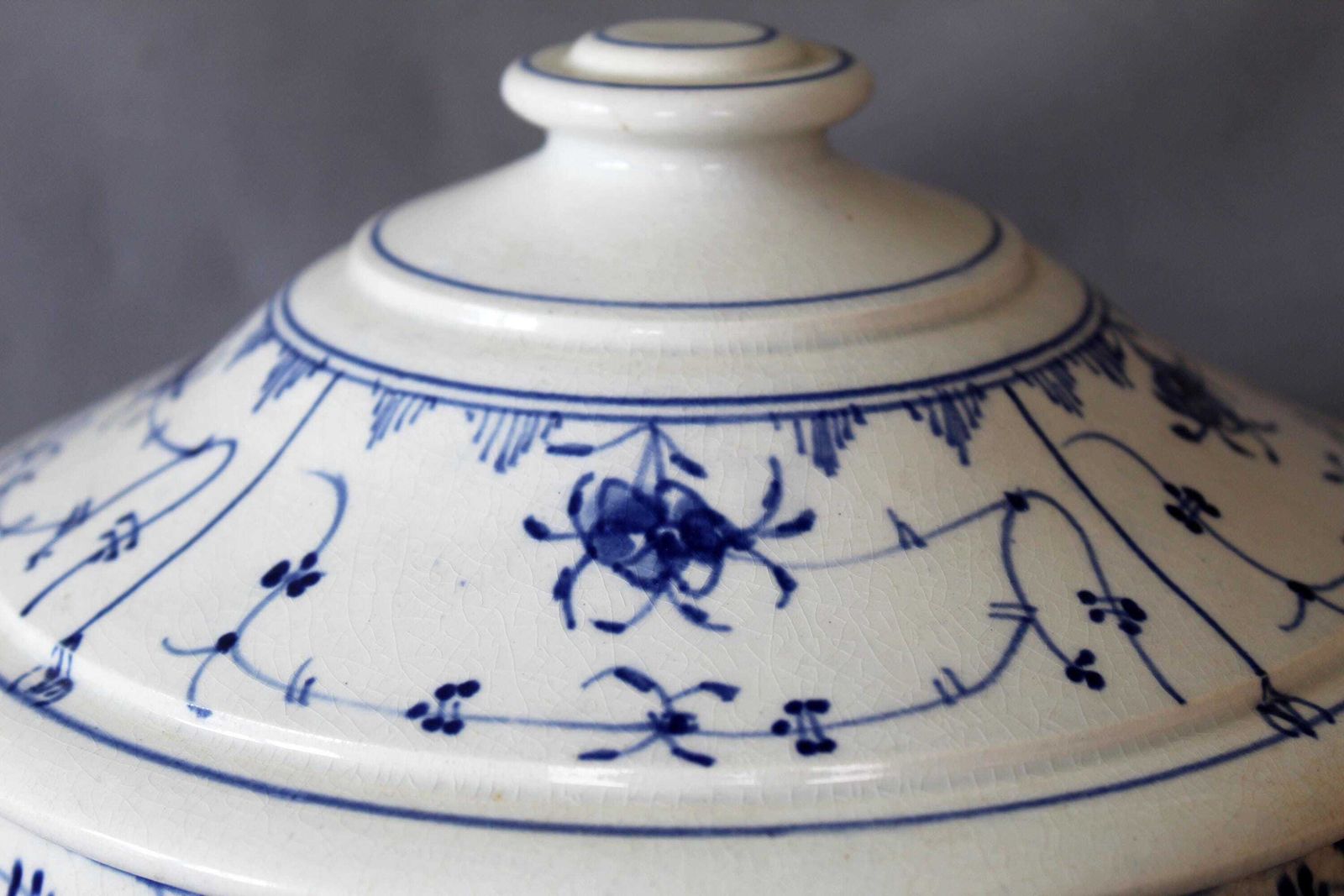 Large Antique Blue And White Ceramic Ironstone Tureen Soup Bowl With Lid, Strawflower Design, Copenhagen Style, Tea Stained Crackled photo furniture