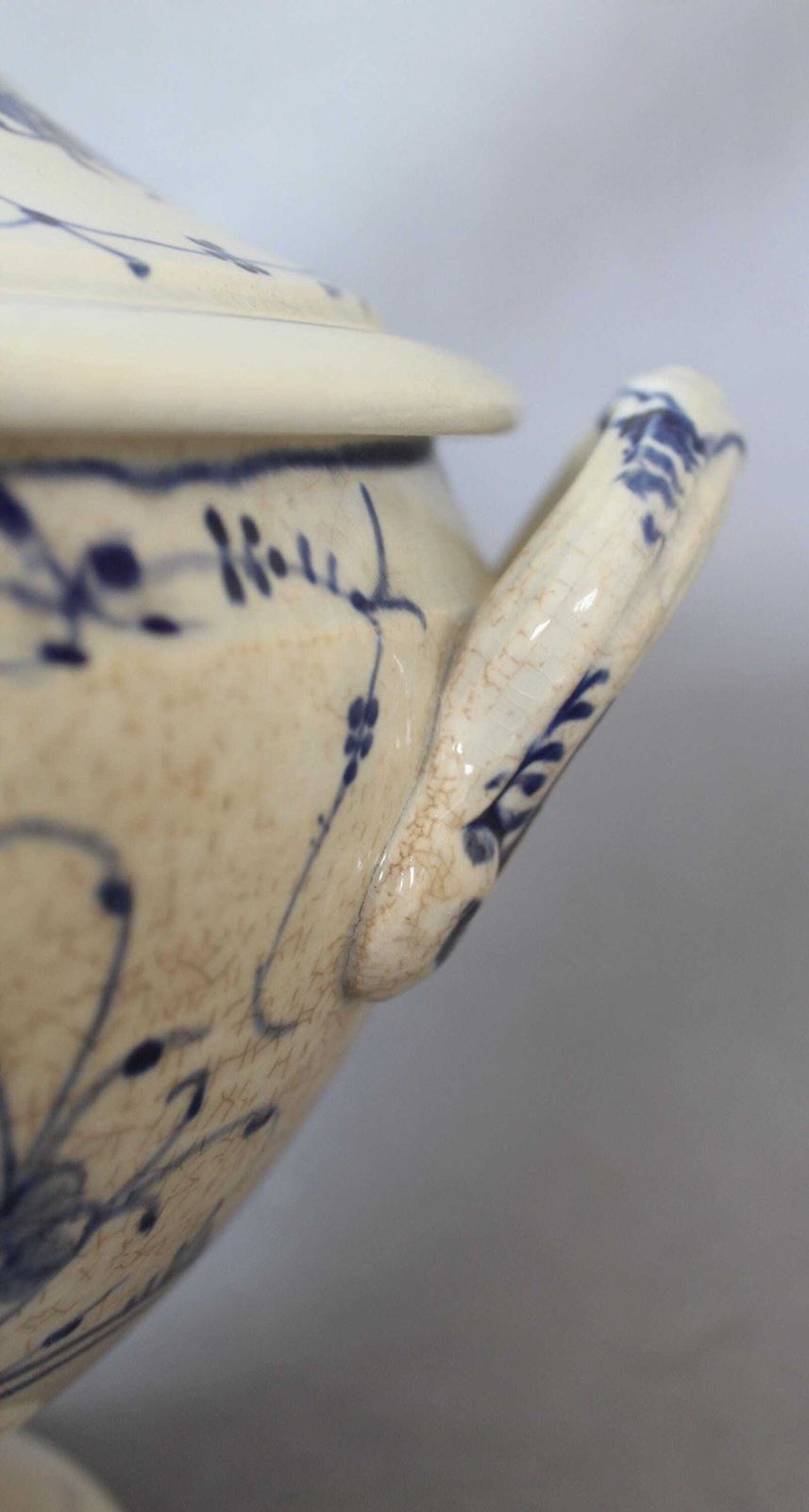 Large Antique Blue And White Ceramic Ironstone Tureen Soup Bowl With Lid, Strawflower Design, Copenhagen Style, Tea Stained Crackled photo 119.0