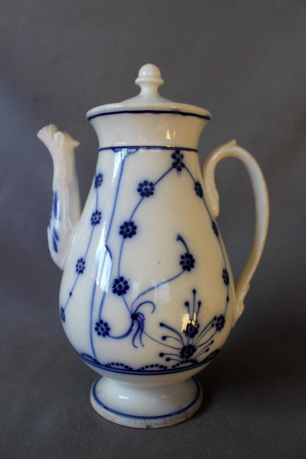 Antique 19th Century Ceramic Earthenware Large Coffee Pot, White Hand Painted Blue Onion Pattern, Dragon Animal Head Spout, Lid Not Original photo for sale