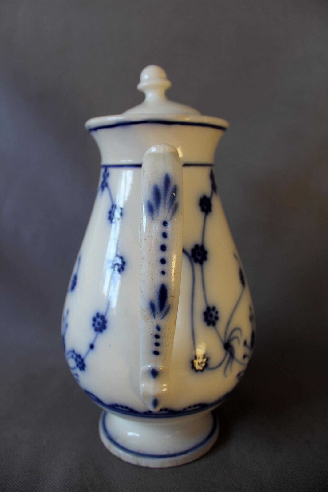 Antique 19th Century Ceramic Earthenware Large Coffee Pot, White Hand Painted Blue Onion Pattern, Dragon Animal Head Spout, Lid Not Original photo vintage