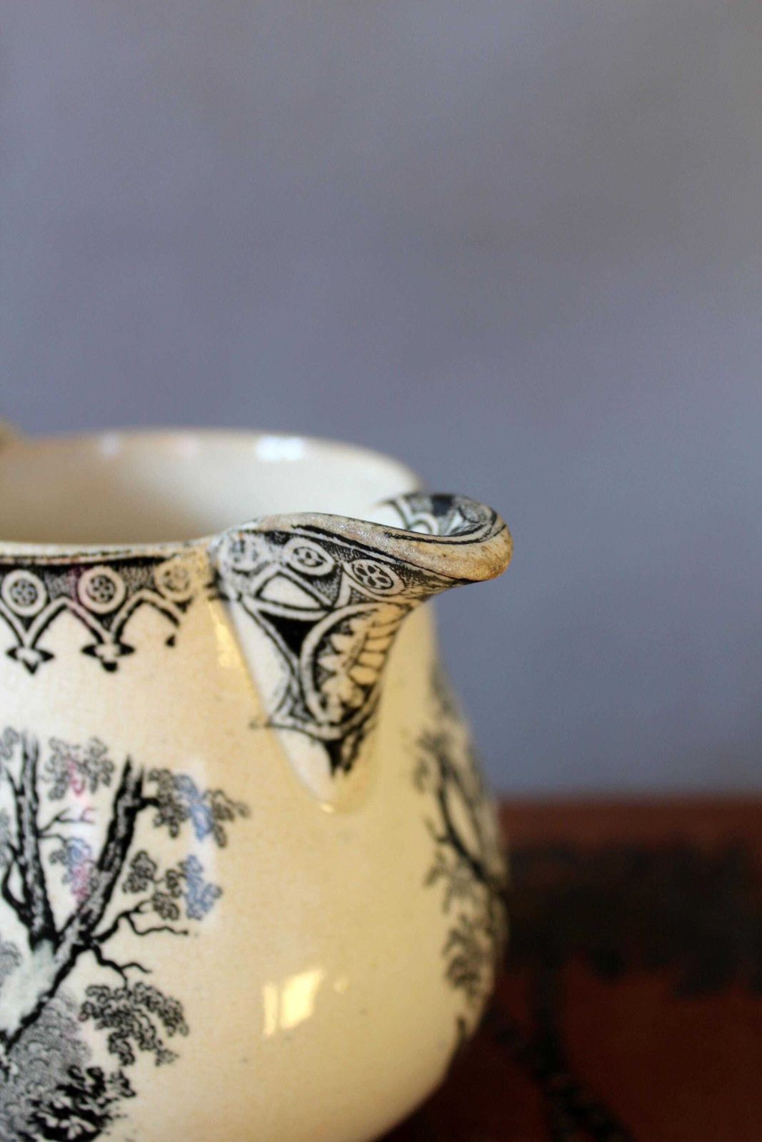 Large Antique 19th Century Ceramic Jug, Cream Milk Pitcher, Religious Jesus Virgin Mary, England French Black And White Transferware, Repair photo buy
