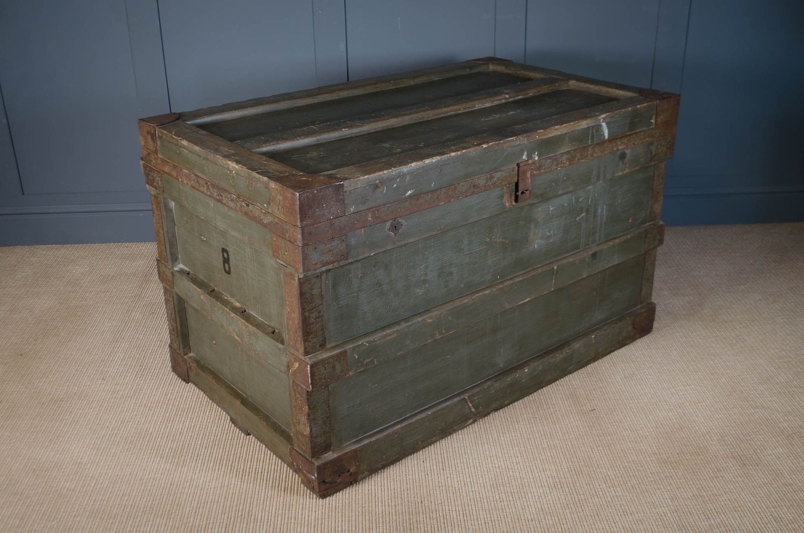 Large Antique Military Storage Chest With Original Green Paint & Iron Fittings photo 320.0