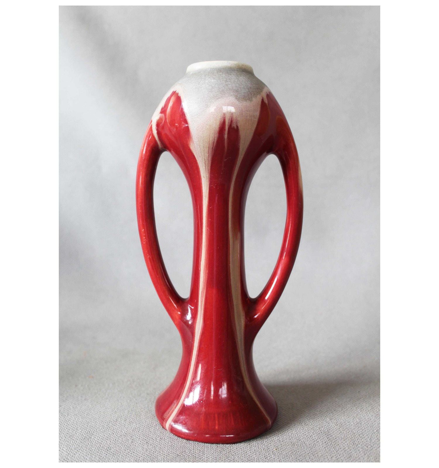 Art Deco 1920s Ceramic Vase, Faiencerie De Thulin Belgium, Drip Glaze, Studio Art, Dark Red Bordeau, Bud Vase, Twin Handle