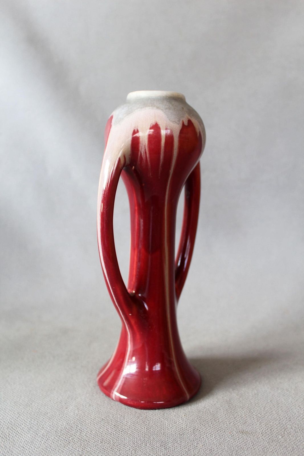 Art Deco 1920s Ceramic Vase, Faiencerie De Thulin Belgium, Drip Glaze, Studio Art, Dark Red Bordeau, Bud Vase, Twin Handle photo Home Decor