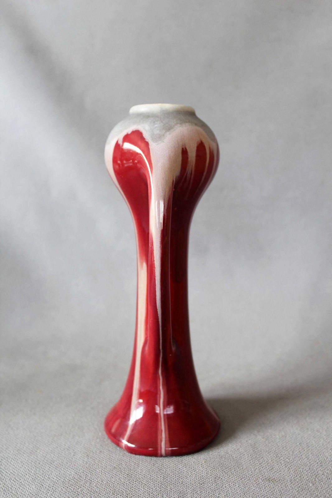 Art Deco 1920s Ceramic Vase, Faiencerie De Thulin Belgium, Drip Glaze, Studio Art, Dark Red Bordeau, Bud Vase, Twin Handle photo 86.0