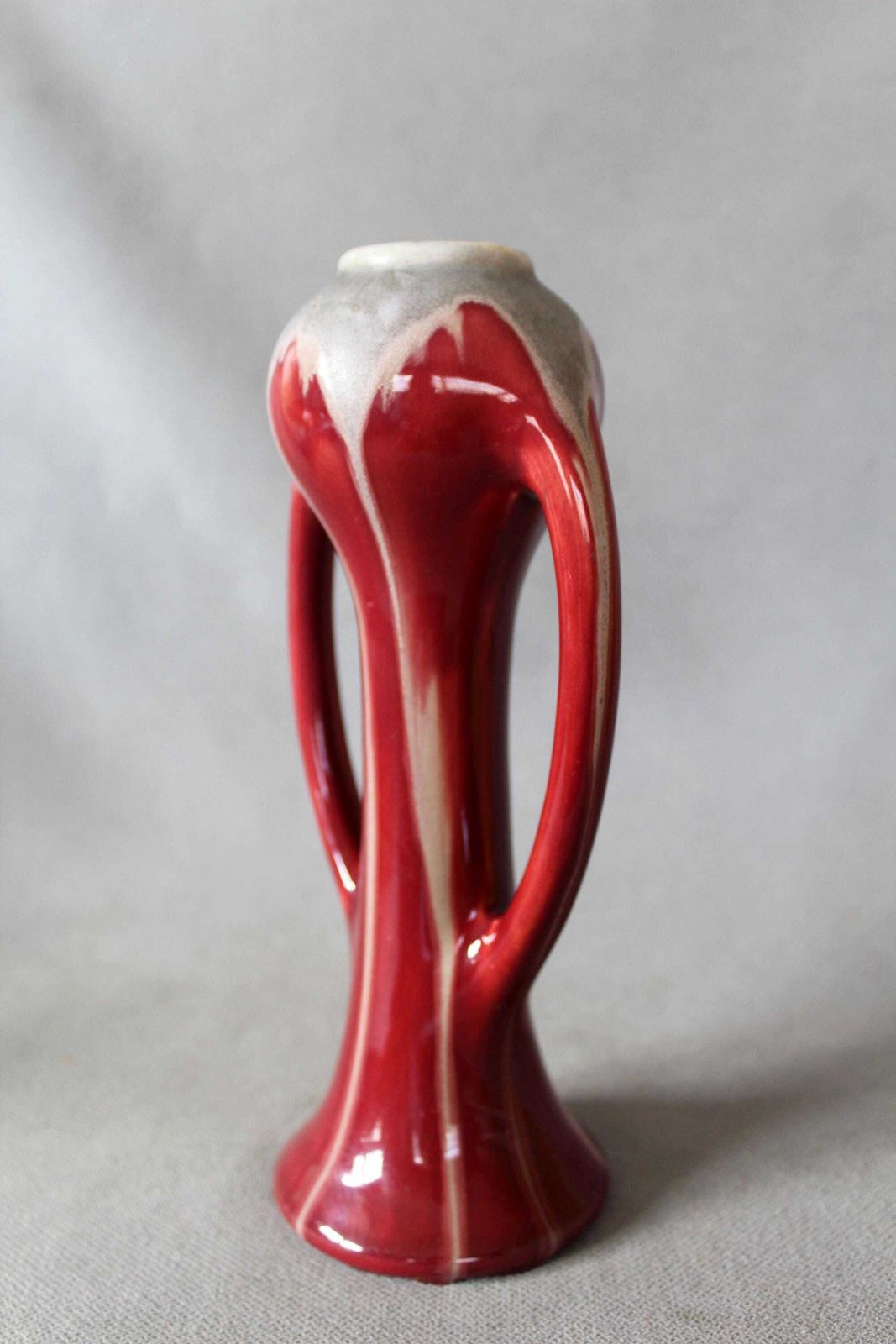 photo vinterior Art Deco 1920s Ceramic Vase, Faiencerie De Thulin Belgium, Drip Glaze, Studio Art, Dark Red Bordeau, Bud Vase, Twin Handle