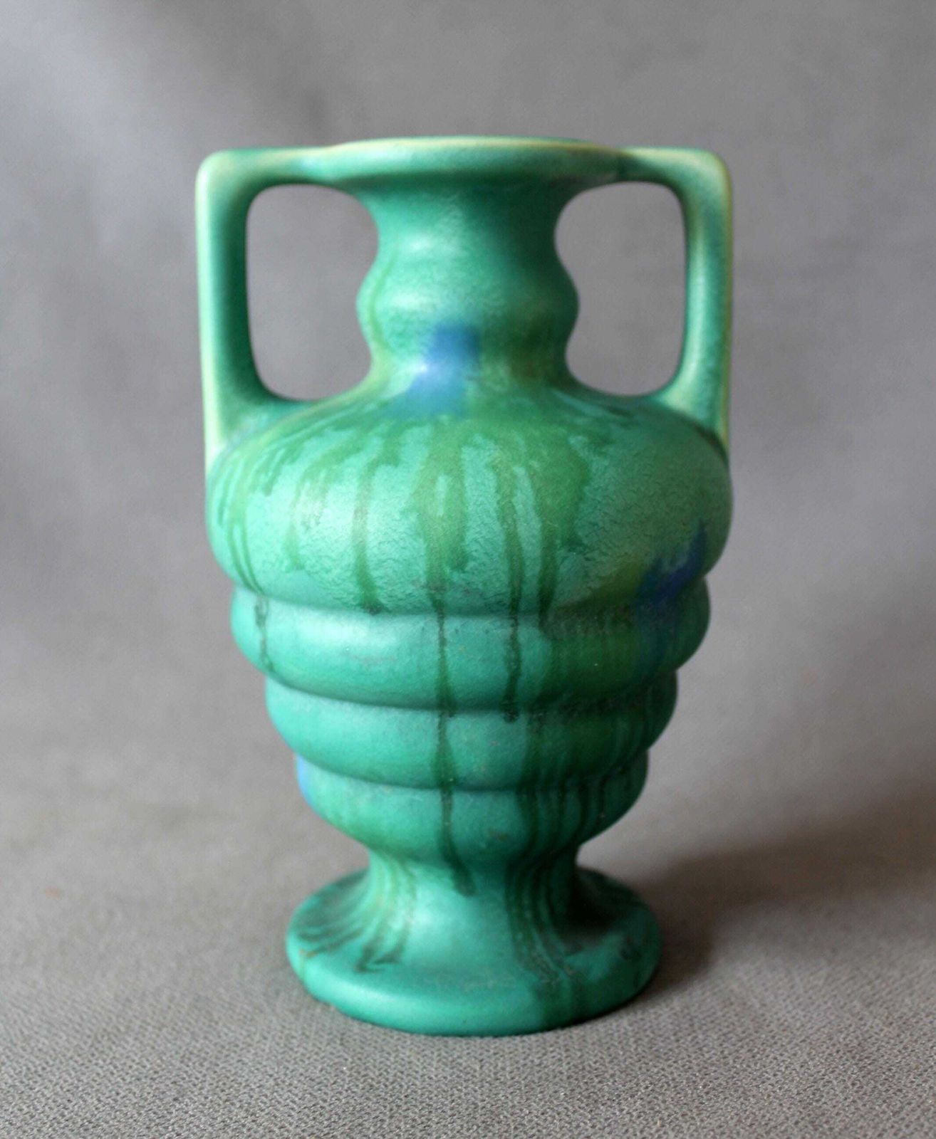 Art Deco Ceramic Vase, Faiencerie De Thulin Belgium, Drip Glaze, Studio Art, Turquoise, Bud Vase, Greek Urn Shape photo 86.0