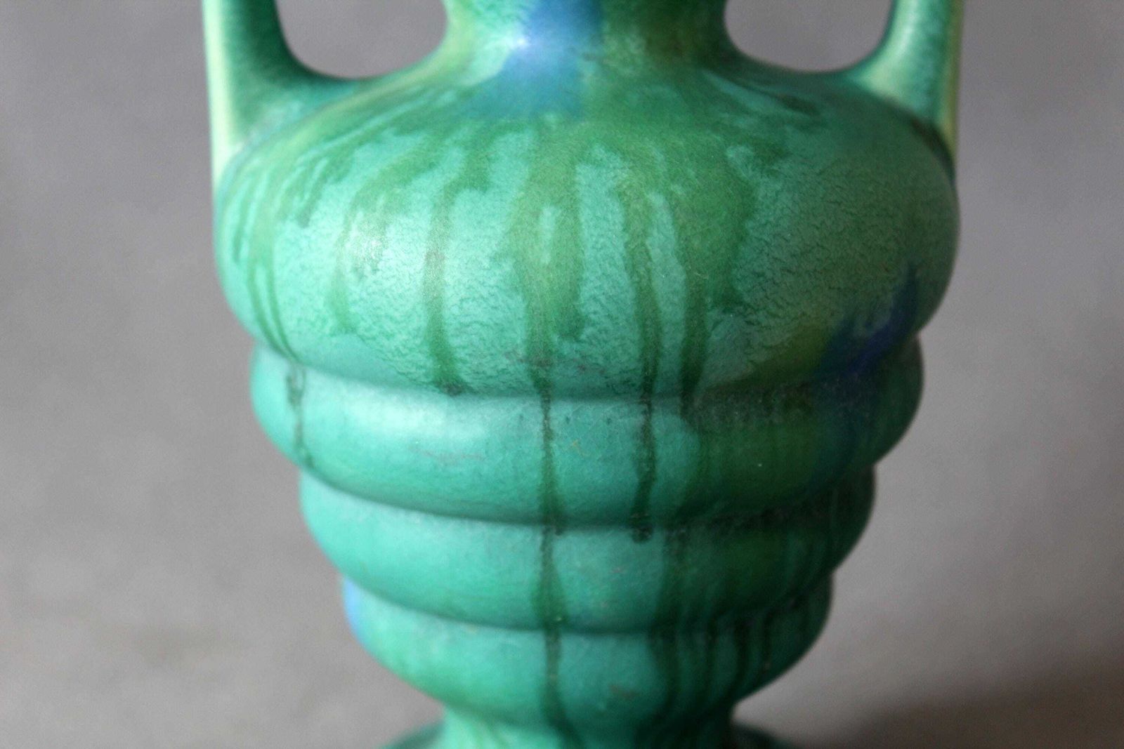 photo furniture Art Deco Ceramic Vase, Faiencerie De Thulin Belgium, Drip Glaze, Studio Art, Turquoise, Bud Vase, Greek Urn Shape