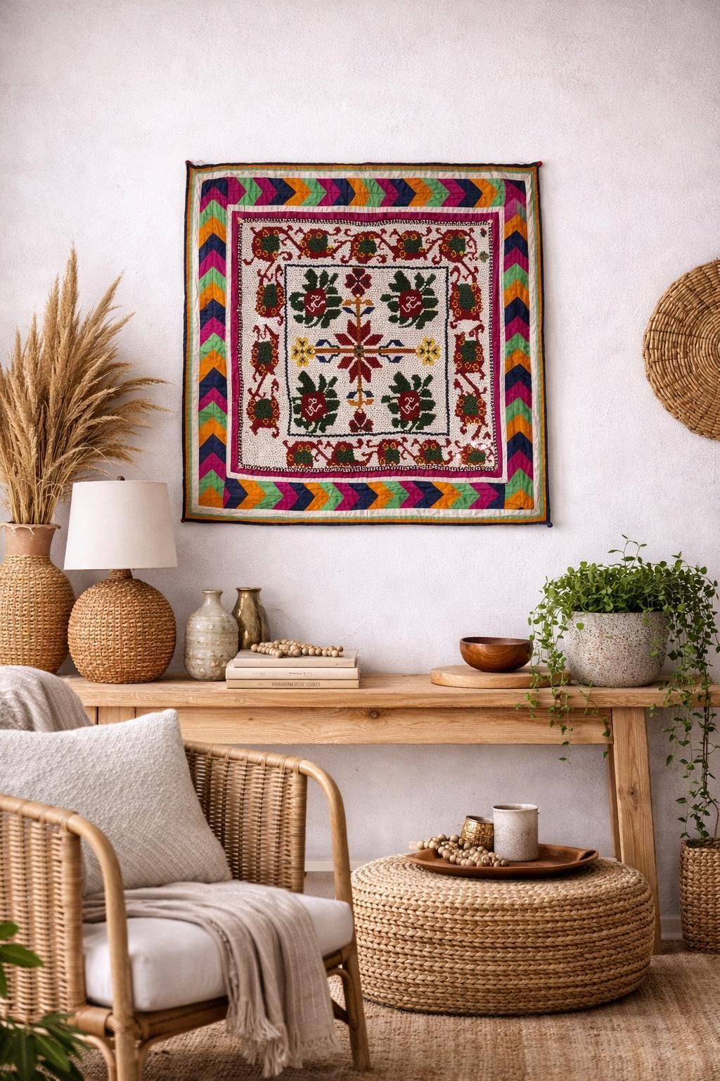 Vintage Indian Pearl Tapestry, Hand Embroidered Tribal Wall Decor (27x27 Inch) photo furniture