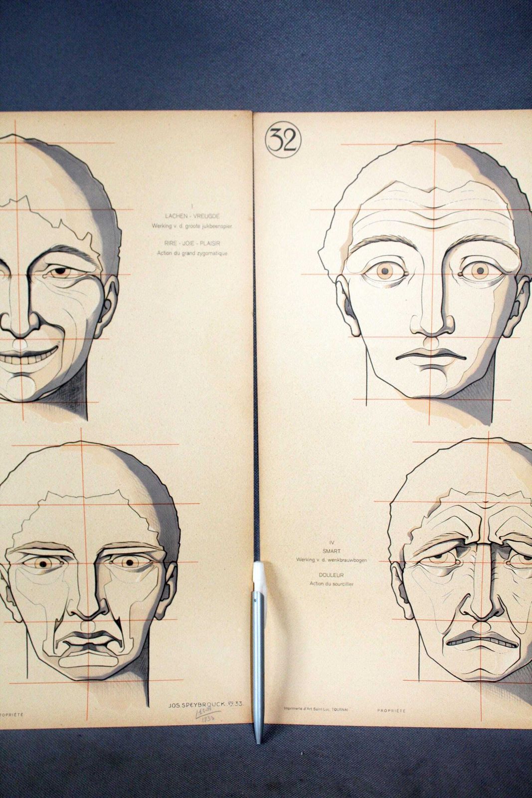 90.0 Set Of Two Large Art Deco Antique Anatomy Muscle Face Facial Expressions, How To Draw, Speybrouck 1933 Belgium Tournai, Science, Ship Tubed photo