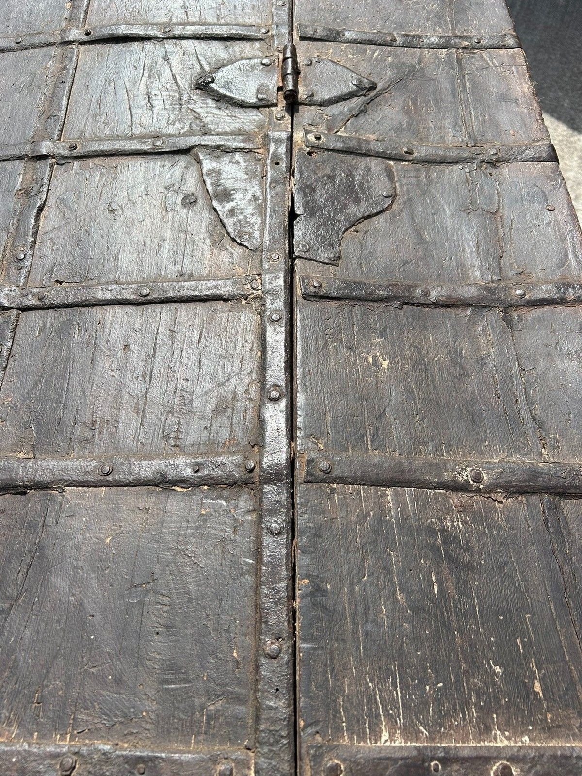Furniture Antique 17th/18th Century Continental Metal Banded Large Chest Or Storage Trunk photo
