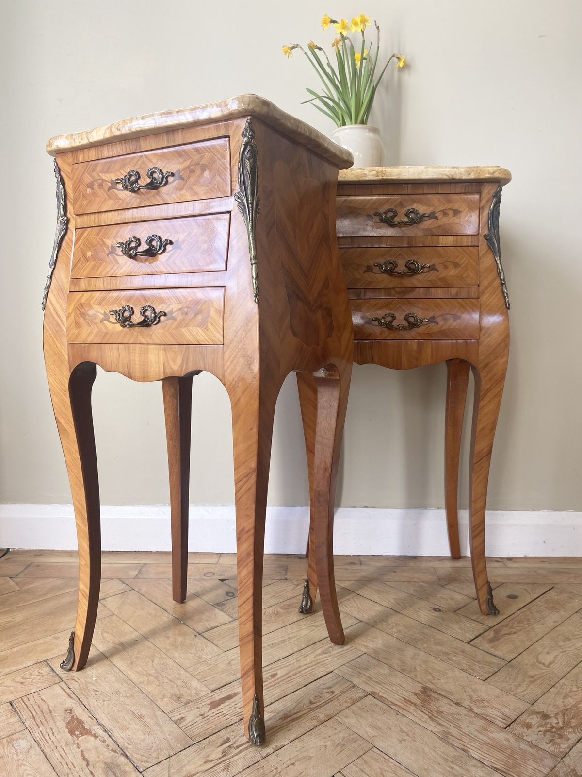 photo for sale Pair Of French Louis XVI Bedside Tables With Marble Tops
