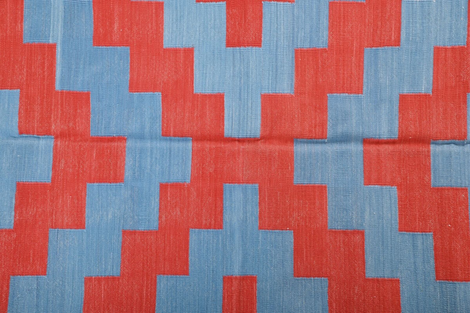 Handmade 6x9 Red And Blue Geometric Dhurrie Rug: Vintage Indian Flatweave photo Textiles