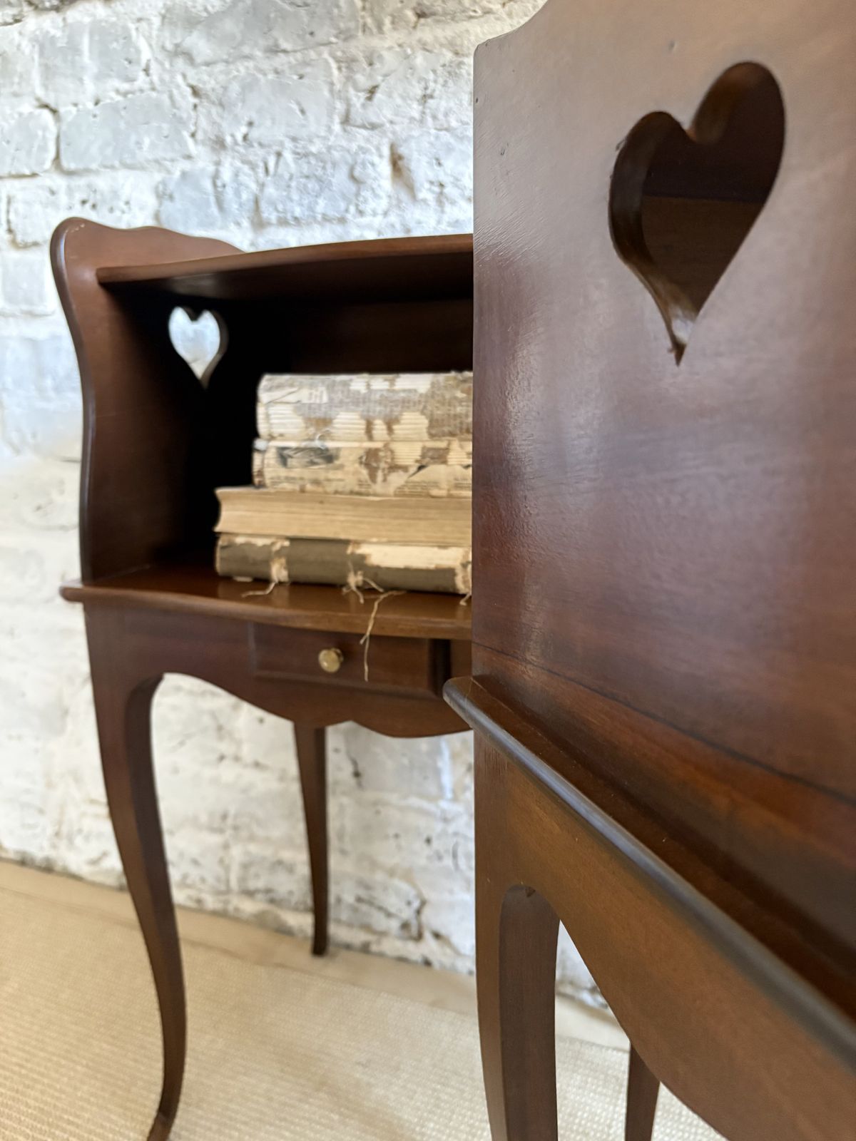 photo for sale A Pair Of French Bedside Tables With Heart Cut Out Detail