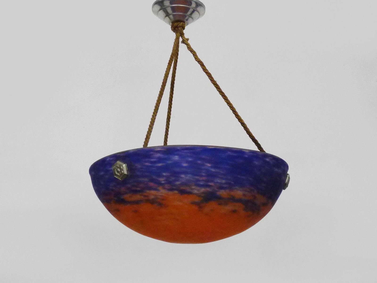 Art Deco 3 Light Pendant Light By Muller Frères Lunéville, In Pâte De Verre, With Geometric Decoration. photo vinterior
