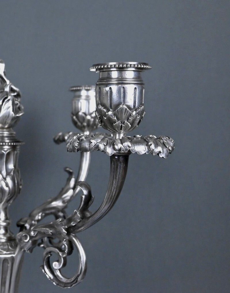 Pair Of Silvered Bronze Candelabra, Louis XVI Style – Late 19th Century photo vinterior