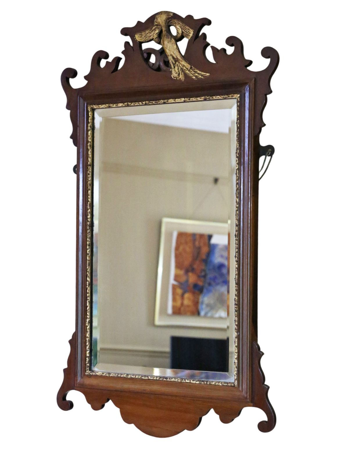 Antique C.1900 Georgian Revival Overmantle Wall Mirror – Fret Cut Gilt & Mahogany, Bevel Edged Glass
