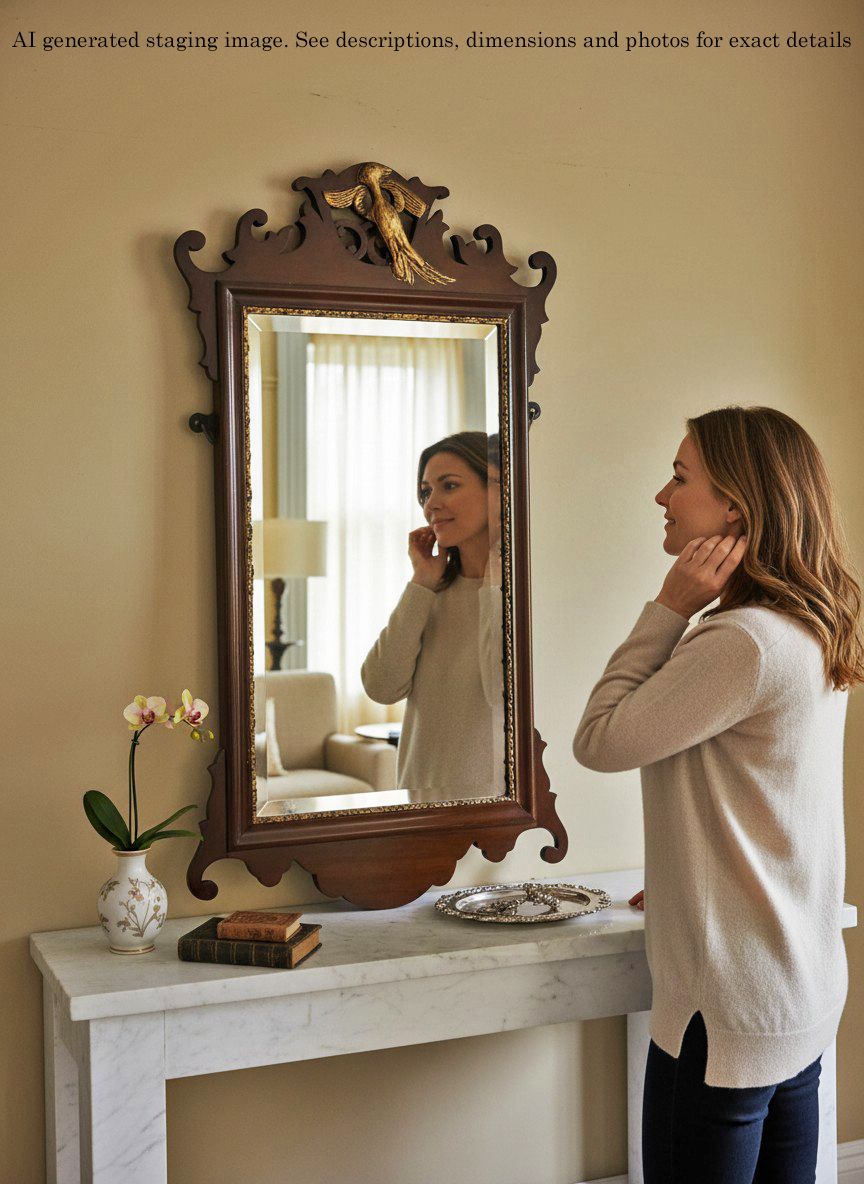 Antique C.1900 Georgian Revival Overmantle Wall Mirror – Fret Cut Gilt & Mahogany, Bevel Edged Glass photo furniture