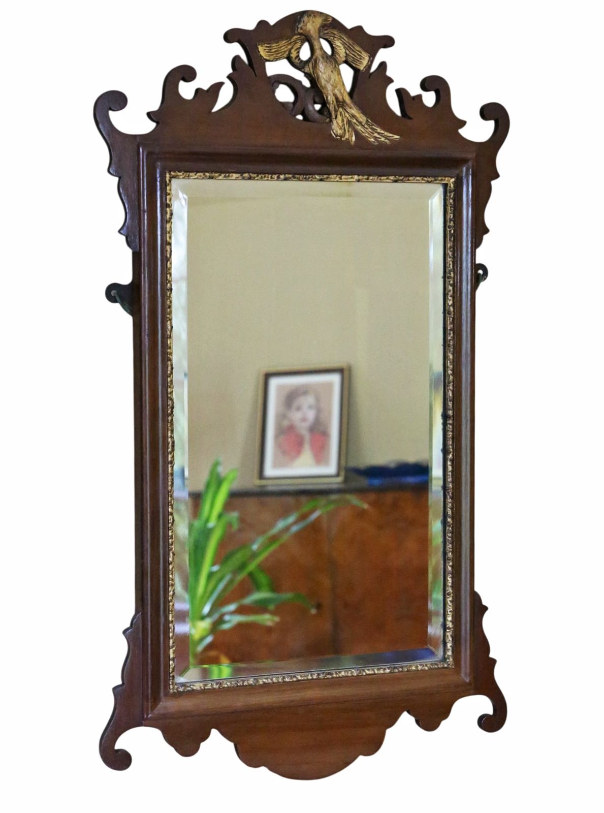 Antique C.1900 Georgian Revival Overmantle Wall Mirror – Fret Cut Gilt & Mahogany, Bevel Edged Glass photo for sale