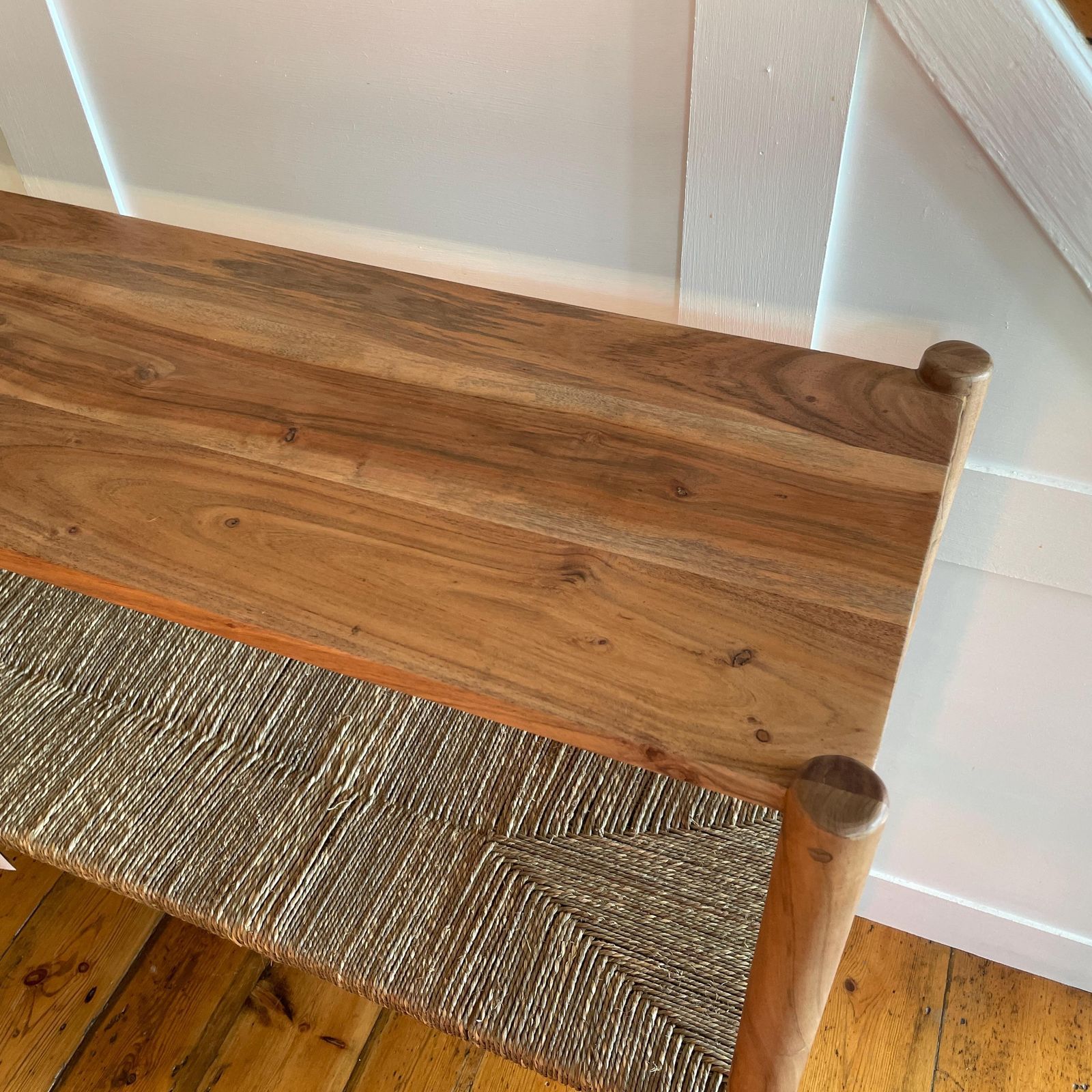 Graham & Green Wooden Sideboard Wrenley Console Scandi Woven Shelf Acacia Wood Entryway Bench Hall Table Handmade Woven Shelf photo for sale