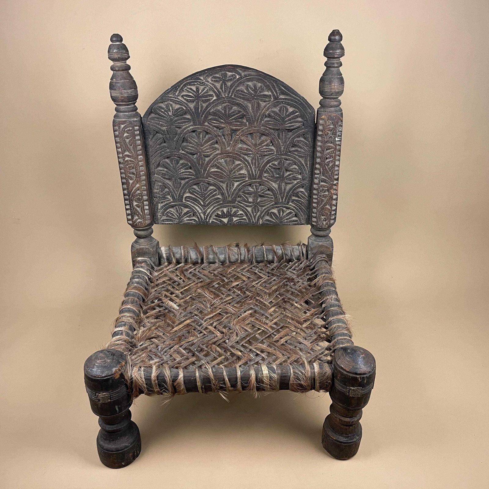 Indian Hand Carved Chair Low Wedding Seat Woven Cowhide Base Pidha Small Traditional Rajasthan India Rustic Late 19th   Early 20th Century