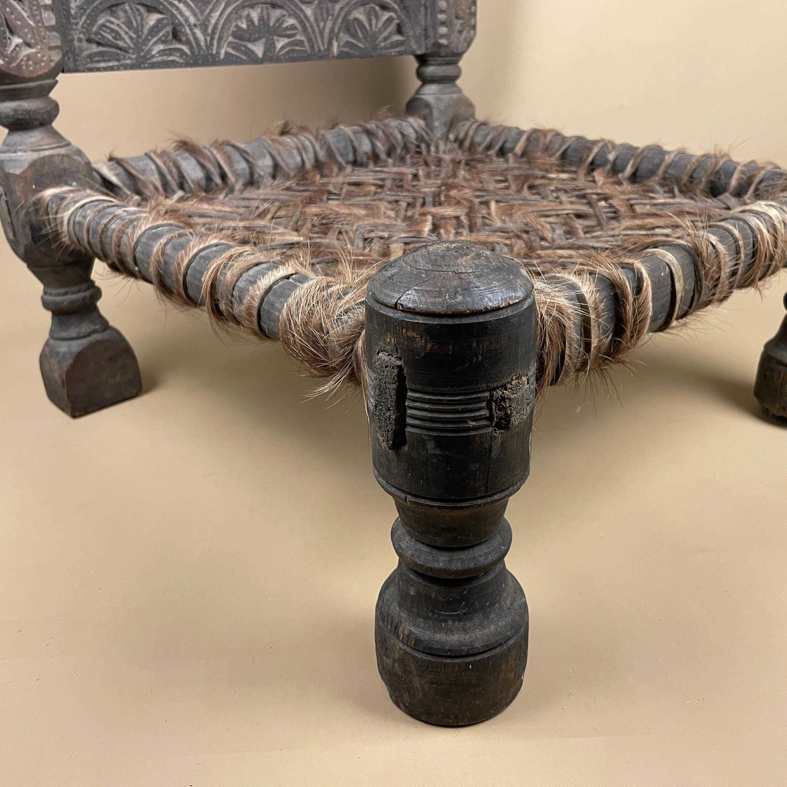 Indian Hand Carved Chair Low Wedding Seat Woven Cowhide Base Pidha Small Traditional Rajasthan India Rustic Late 19th   Early 20th Century photo vintage