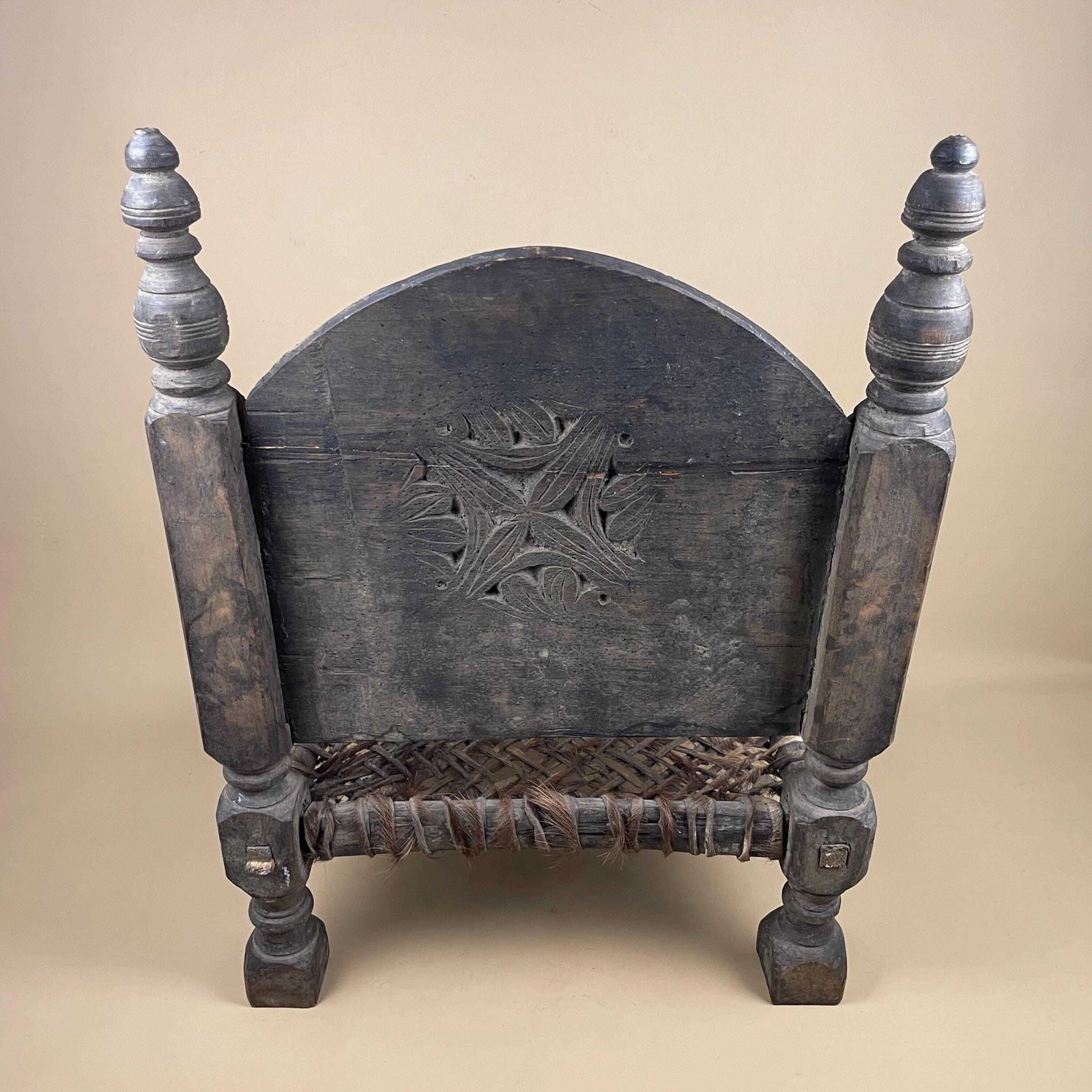 photo buy Indian Hand Carved Chair Low Wedding Seat Woven Cowhide Base Pidha Small Traditional Rajasthan India Rustic Late 19th   Early 20th Century