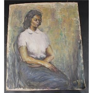 C1950s Oil On Canvas Portrait Of Beautiful Sitting Girl Signed At Bottom Right