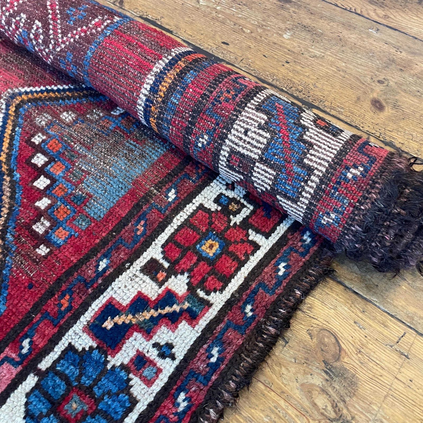 photo buy Antique Heriz Rug Tribal Runner Hand Knotted Red Early 20th Century Hallway Middle Eastern Floor Rug Low Pile