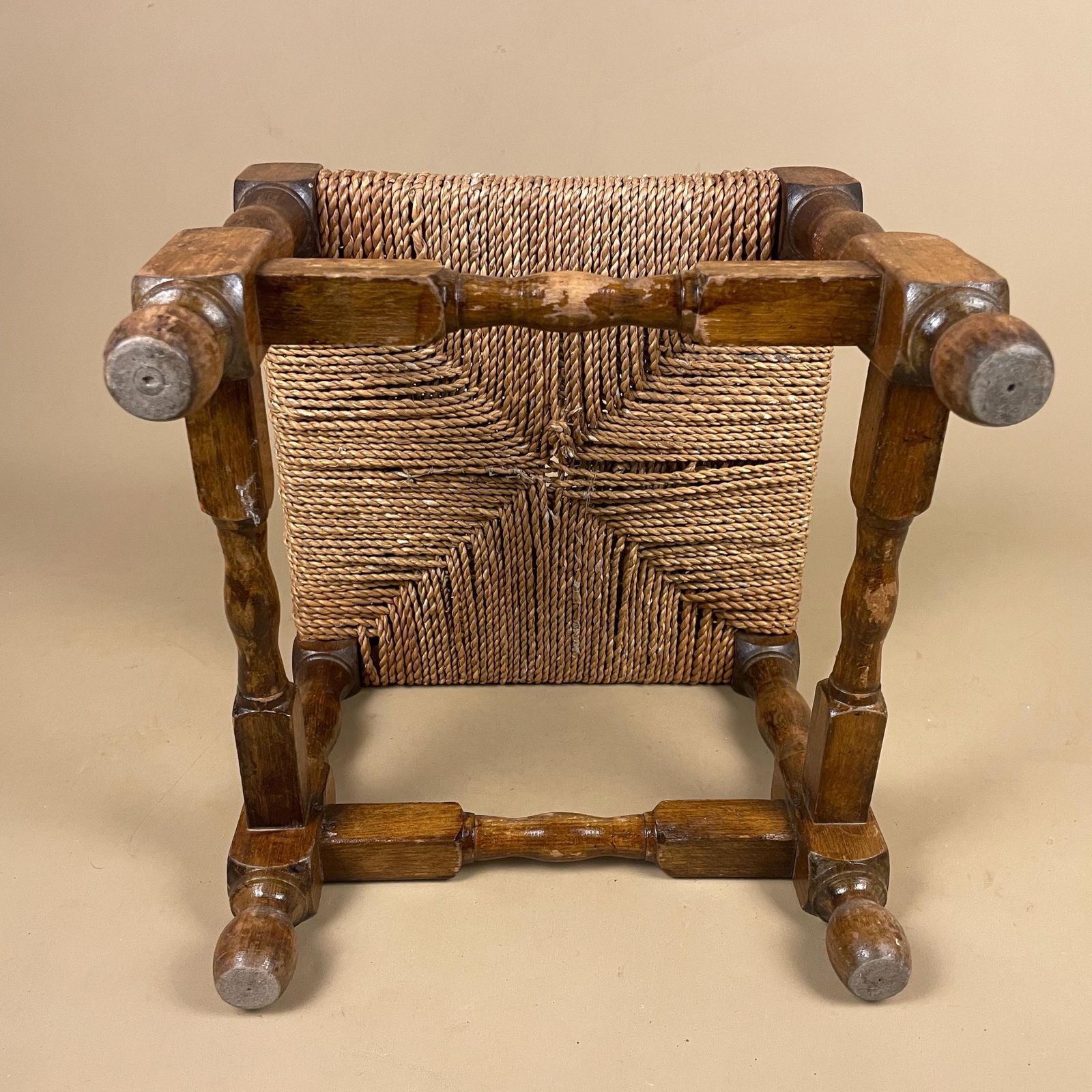 Wooden Foot Stool Woven String Wood Cottage Furniture Square Brown Hallway Seat 24.7x27x27cm Footstool Bench Antique Vintage photo vinterior