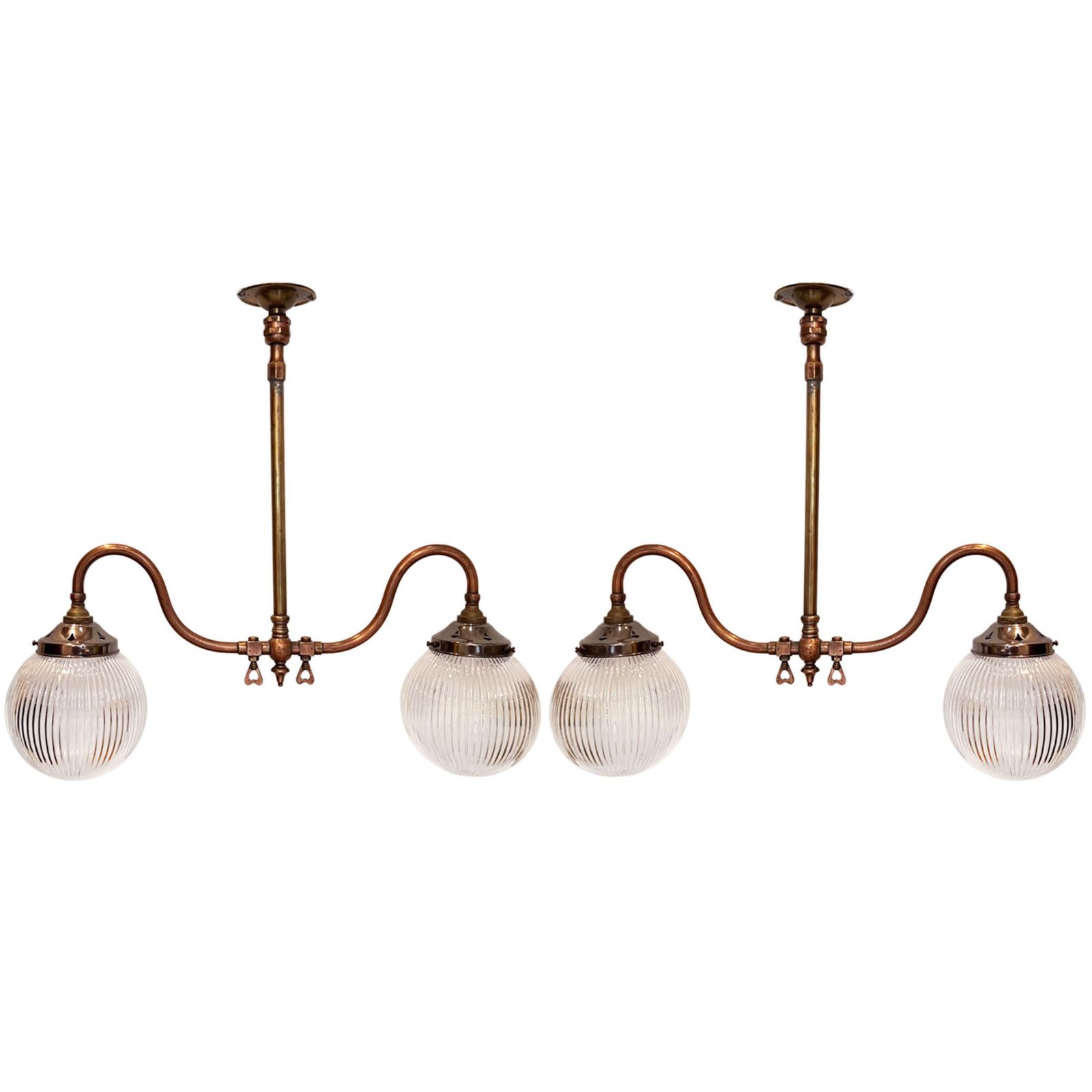 Pair Of 1930s British Hanging Lights With Ribbed Holophane Shades