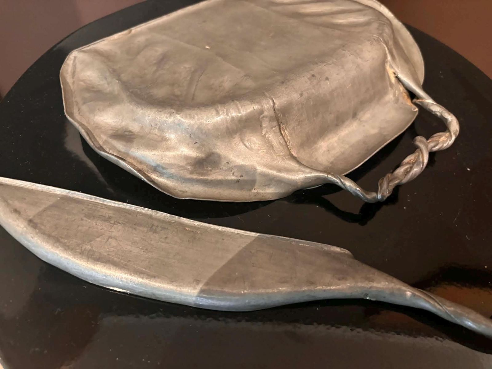 photo for sale Antique French Art Nouveau Pewter Crumb Tray Scoop Hand Hammered Repoussé Paris C.1910