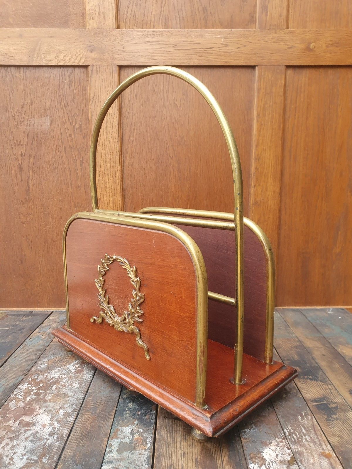 Antique Brass And Wood Paper / Magazine Rack