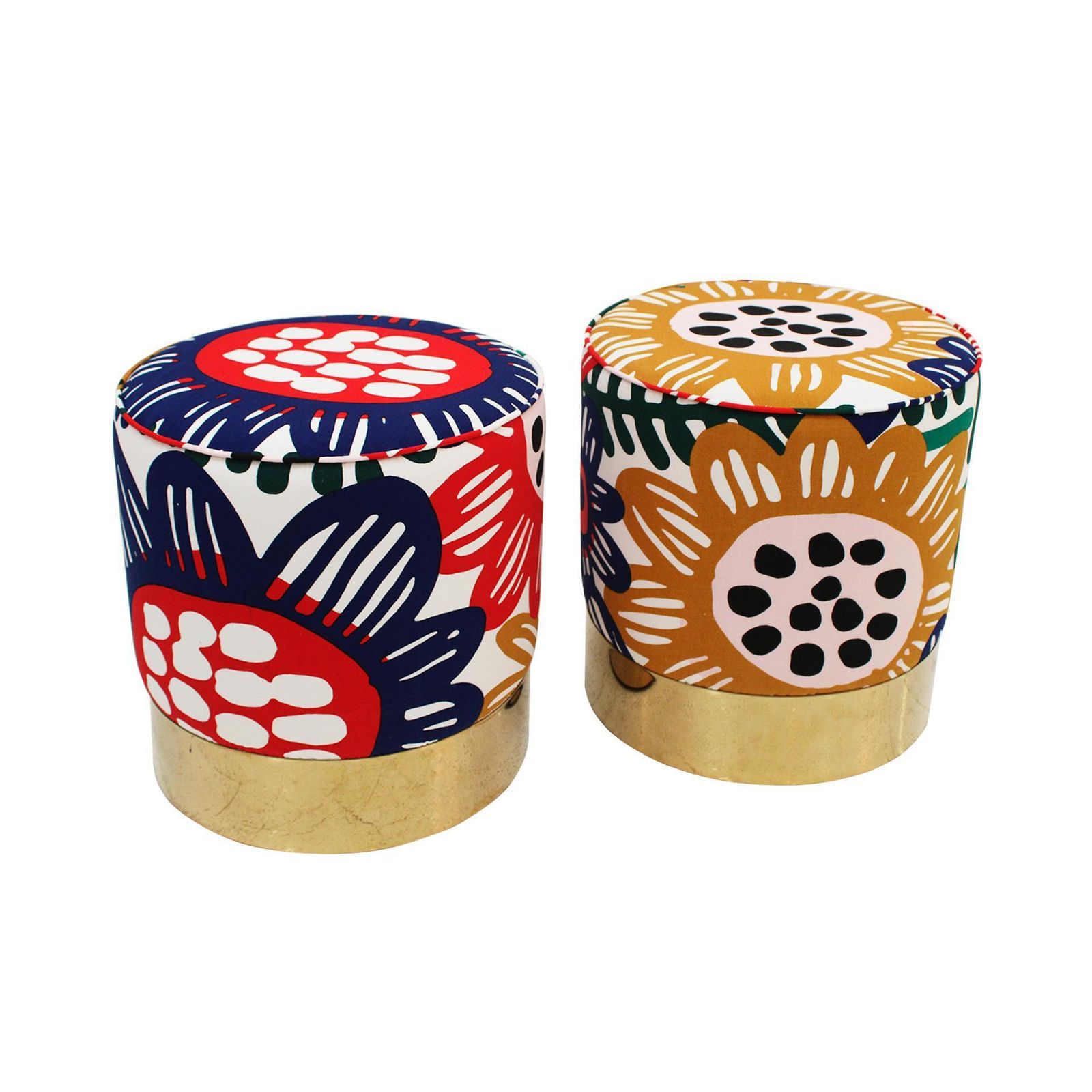 Pair Of Contemporary Italian Circular Poufs In Multicolored Fabric With Floral Motifs photo furniture