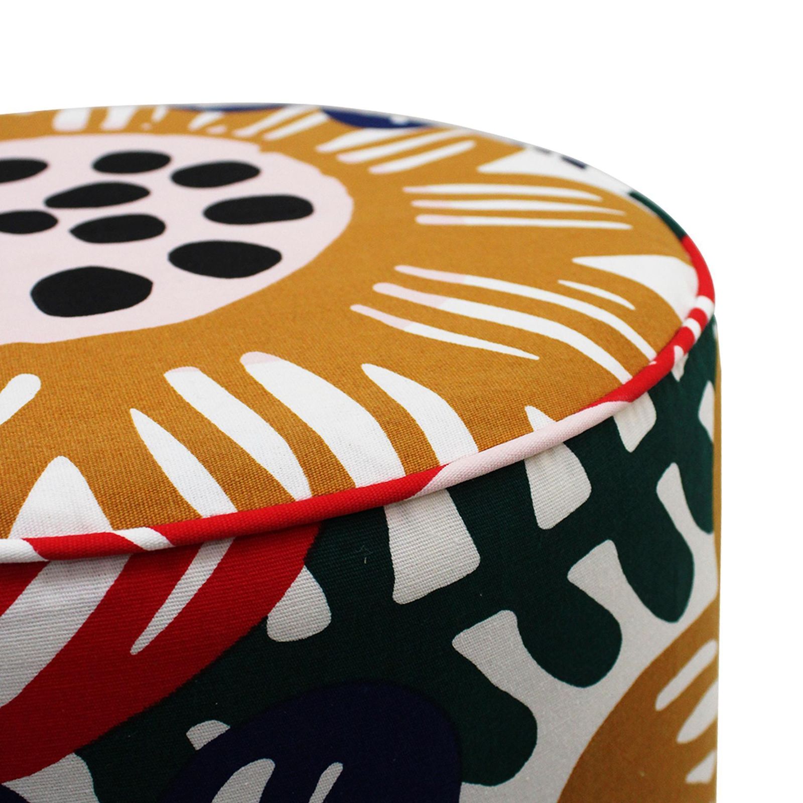 photo buy Pair Of Contemporary Italian Circular Poufs In Multicolored Fabric With Floral Motifs