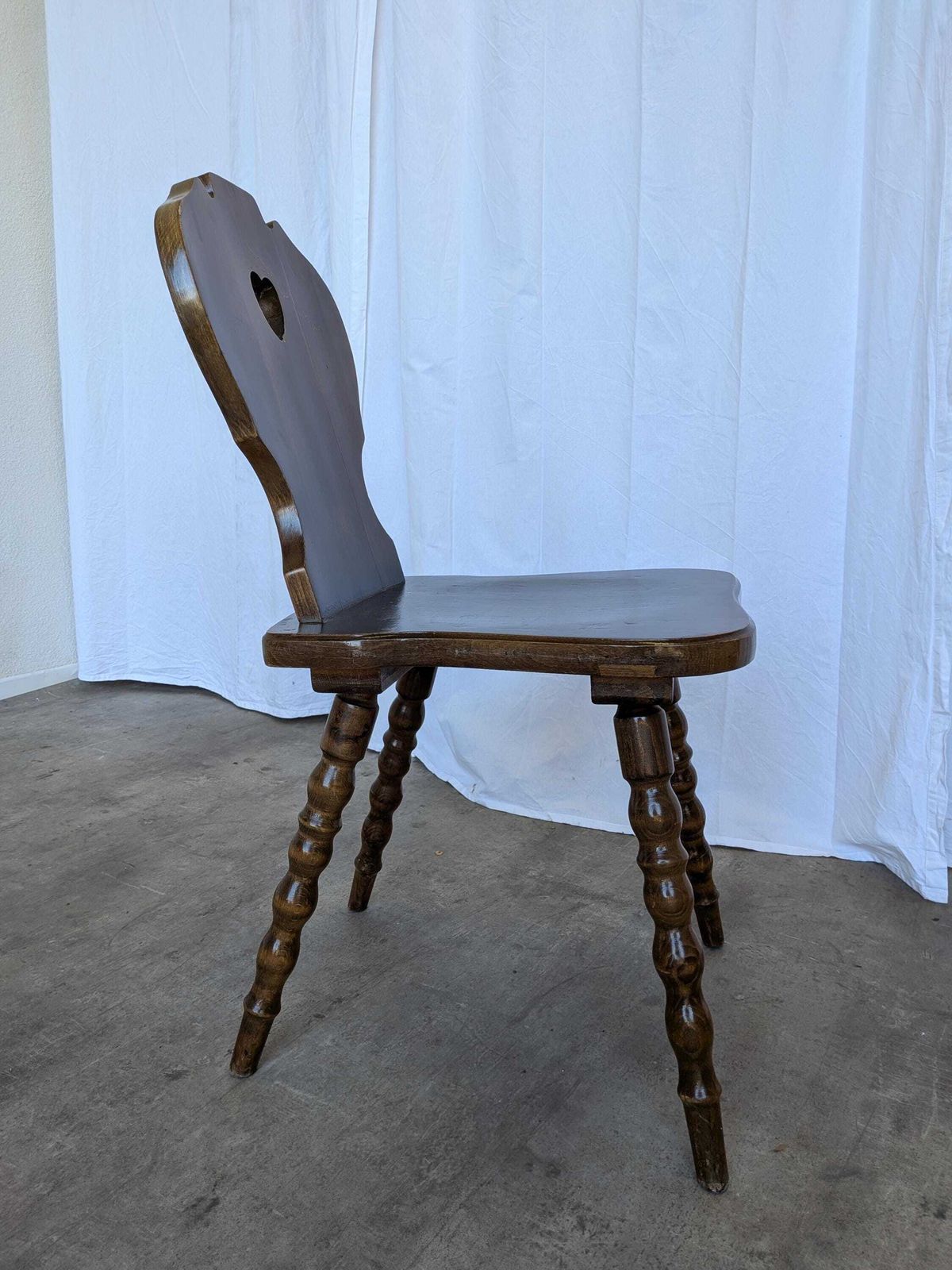 Vintage Tyrolean Heart Cutout Wooden Dining Chair / Dark Brown Wood / Bobbin Turned Legs photo Furniture