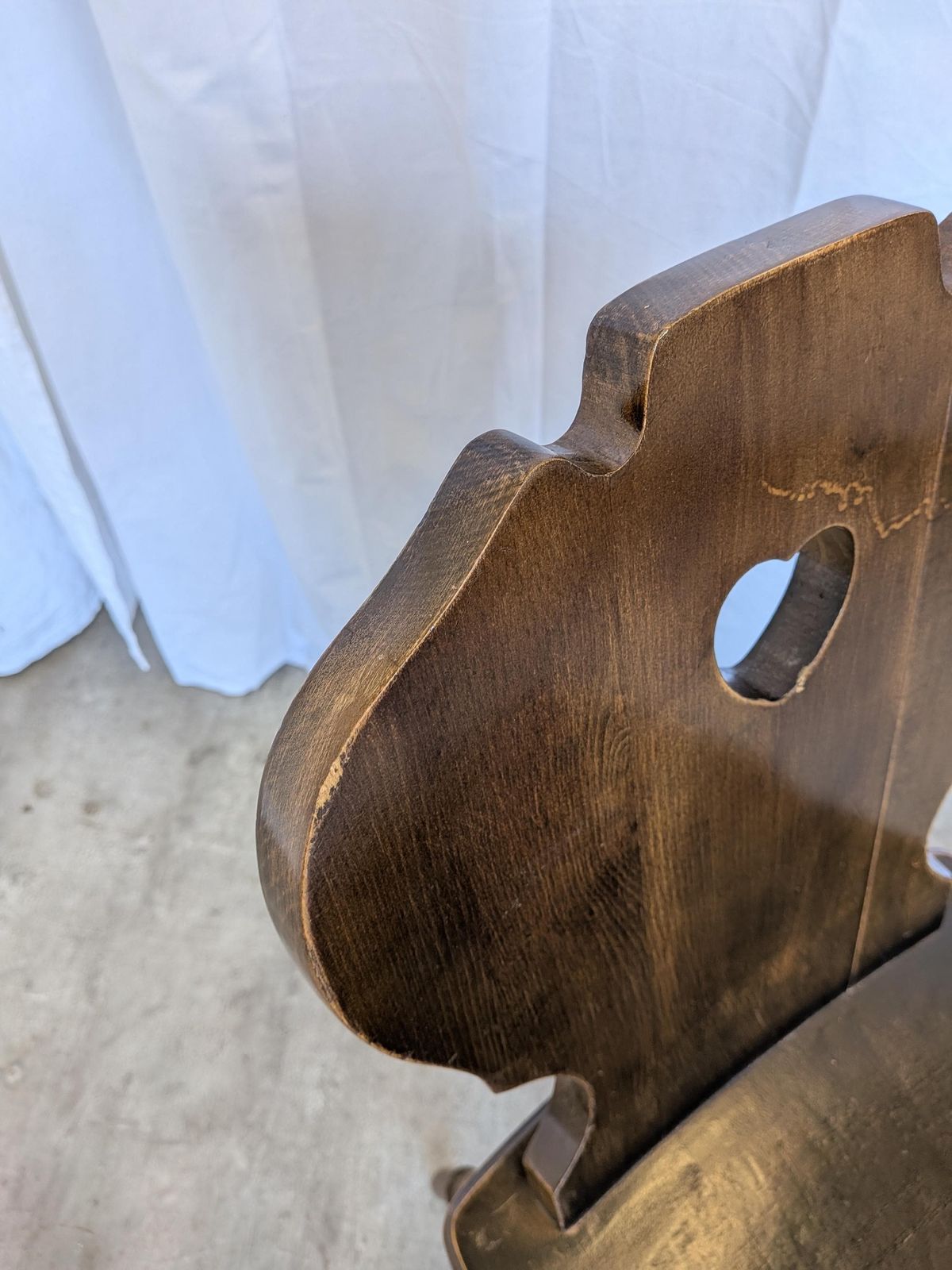 photo furniture Vintage Tyrolean Heart Cutout Wooden Dining Chair / Dark Brown Wood / Bobbin Turned Legs